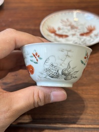 Four Chinese famille rose and iron-red cups and saucers, Yongzheng/Qianlong