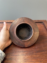 A Chinese blue and white 'lotus scroll' jar with wooden cover and stand, Kangxi