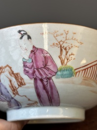 A pair of Chinese famille rose bowls and four plates, Yongzheng/Qianlong