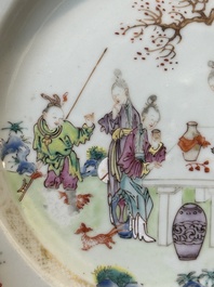 A pair of Chinese famille rose bowls and four plates, Yongzheng/Qianlong