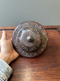 A Chinese blue and white 'lotus scroll' jar with wooden cover and stand, Kangxi