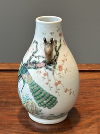 A Chinese famille rose 'hu' vase with peacocks, Yongzheng mark, 19th C.