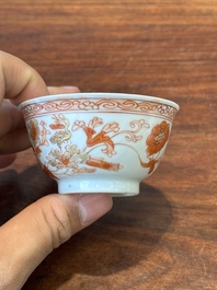 Four Chinese famille rose and iron-red cups and saucers, Yongzheng/Qianlong