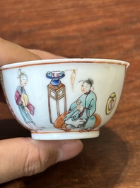 Four Chinese famille rose and iron-red cups and saucers, Yongzheng/Qianlong