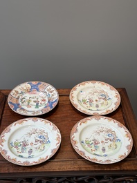 A pair of Chinese famille rose bowls and four plates, Yongzheng/Qianlong