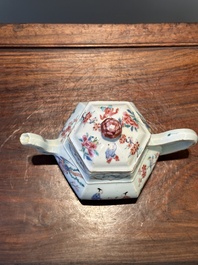 An exceptional large hexagonal Chinese famille rose teapot and cover, Yongzheng