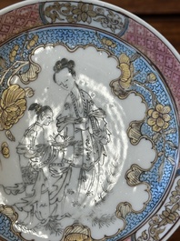 A Chinese famille rose and grisaille 'Xiwangmu receiving a peach' cup and saucer, Yongzheng
