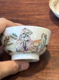 A Chinese famille rose 'Don Quixote' cup and saucer, 18/19th C.