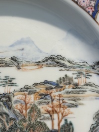 A Chinese famille rose ruby-back eggshell plate with a fine landscape, Yongzheng