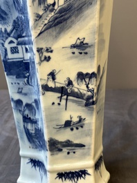 A Chinese blue and white double lozenge-shaped vase with a mountainous river landscape, 19th C.