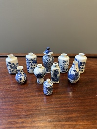 Ten Chinese blue and white vases and snuff bottles, 19th C.