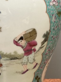A Chinese famille rose dish with figural design and a 'rice production' vase, Qianlong mark, 20th C.