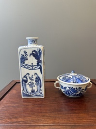 A Chinese blue and white square 'Long Eliza' flask and a covered bowl, Kangxi