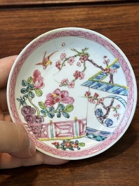 Four Chinese famille rose and iron-red cups and saucers, Yongzheng/Qianlong