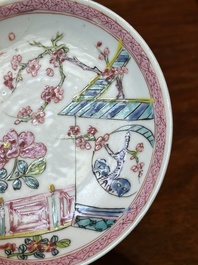 Four Chinese famille rose and iron-red cups and saucers, Yongzheng/Qianlong