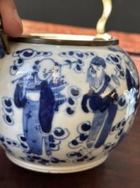 A Chinese blue and white 'Eight Immortals' teapot with bronze mounts for the Thai market, Yong Mao Yuan Ji 永茂源記 mark, 19th C.