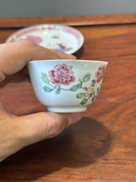 Three Chinese famille rose 'pheasant' cups and saucers, Yongzheng