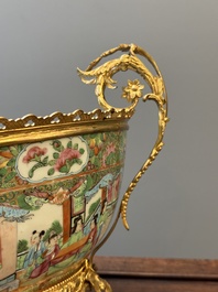 Two Chinese Canton famille rose bowls with gilt bronze mounts, 19th C.