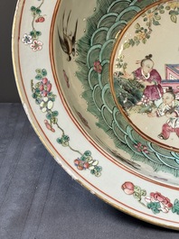 A Chinese famille verte dish, a famille rose basin and a dish, 19th C.