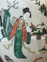 A pair of Chinese Nanking crackle-glazed famille rose jars and a dish, Chenghua mark, 19th C.