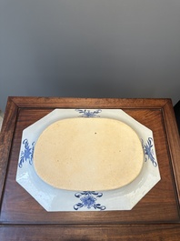 A pair of octagonal Chinese blue and white 'Xi Xiang Ji' dishes and a pair of famille rose dishes, Yongzheng