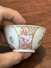 Four Chinese famille rose and iron-red cups and saucers, Yongzheng/Qianlong