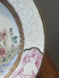 A pair of Chinese famille rose 'magpie and peony' plates with bianco-sopra-bianco rims, Yongzheng