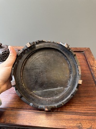 A Chinese blue and white 'lotus scroll' jar with wooden cover and stand, Kangxi