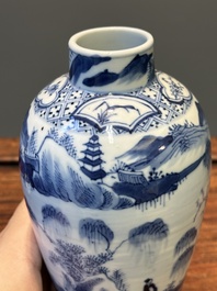 A Chinese blue and white garniture of five vases with landscape design, 19th C.