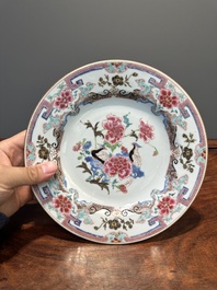 Four Chinese famille rose plates with flowers and animals, Yongzheng/Qianlong