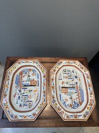 A pair of octagonal Chinese blue and white 'Xi Xiang Ji' dishes and a pair of famille rose dishes, Yongzheng