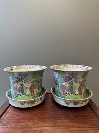 A pair of fine Chinese Canton famille rose jardinieres on stands, 19th C.