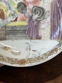 A rare Chinese rose-grisaille cup and saucer after 'Actors of the Com&eacute;die-Francaise' by Watteau, Yongzheng/Qianlong