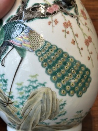 A Chinese famille rose 'hu' vase with peacocks, Yongzheng mark, 19th C.