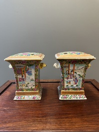 A pair of Chinese Canton famille rose bough pots and covers, 19th C.