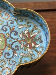 A Chinese quadrifoil cloisonn&eacute; dish with floral design on wooden stand, Yongzheng