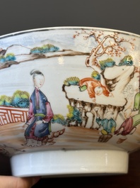 A Dutch-decorated Chinese bowl and a Canton famille rose 'mandarin subject' bowl, Qianlong