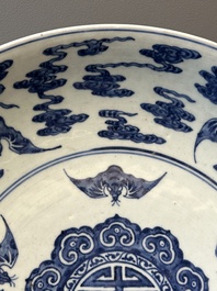 A large Chinese blue and white 'bats and longevity' dish, 19th C.