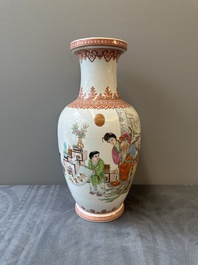 A Chinese famille rose vase with figural design, Qianlong mark, 20th C.