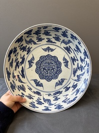 A large Chinese blue and white 'bats and longevity' dish, 19th C.