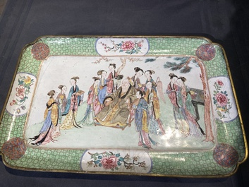 A fine rectangular Chinese Canton enamel ruby-back dish with figural design, Yongzheng