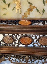 A Chinese wooden table screen with precious stones and an altar piece or 'chanab' for the Straits or Peranakan market, 19/20th C.