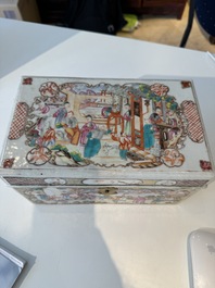An extremely rare Chinese Canton famille rose 'mandarin subject' tea casket or chest with gilt bronze handles, Qianlong