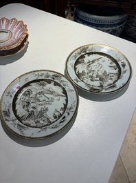 A pair of Chinese grisaille plates depicting the Whampoa Pagoda and the Pearl River, Yongzheng