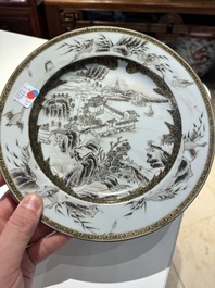 A pair of Chinese grisaille plates depicting the Whampoa Pagoda and the Pearl River, Yongzheng