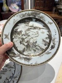 A pair of Chinese grisaille plates depicting the Whampoa Pagoda and the Pearl River, Yongzheng