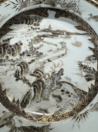 A pair of Chinese grisaille plates depicting the Whampoa Pagoda and the Pearl River, Yongzheng