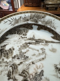 A pair of Chinese grisaille plates depicting the Whampoa Pagoda and the Pearl River, Yongzheng