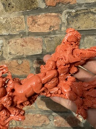 A large Chinese red coral group of Shoulao surrounded by children and a ram on wooden stand, 19/20th C.