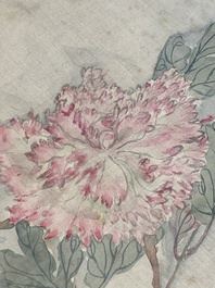 Chinese school: Seven works with insects and peonies, ink and colour on silk, 19/20th C.